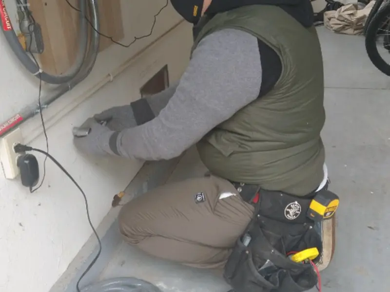 Electrician performing outlet wiring in a Navarre garage